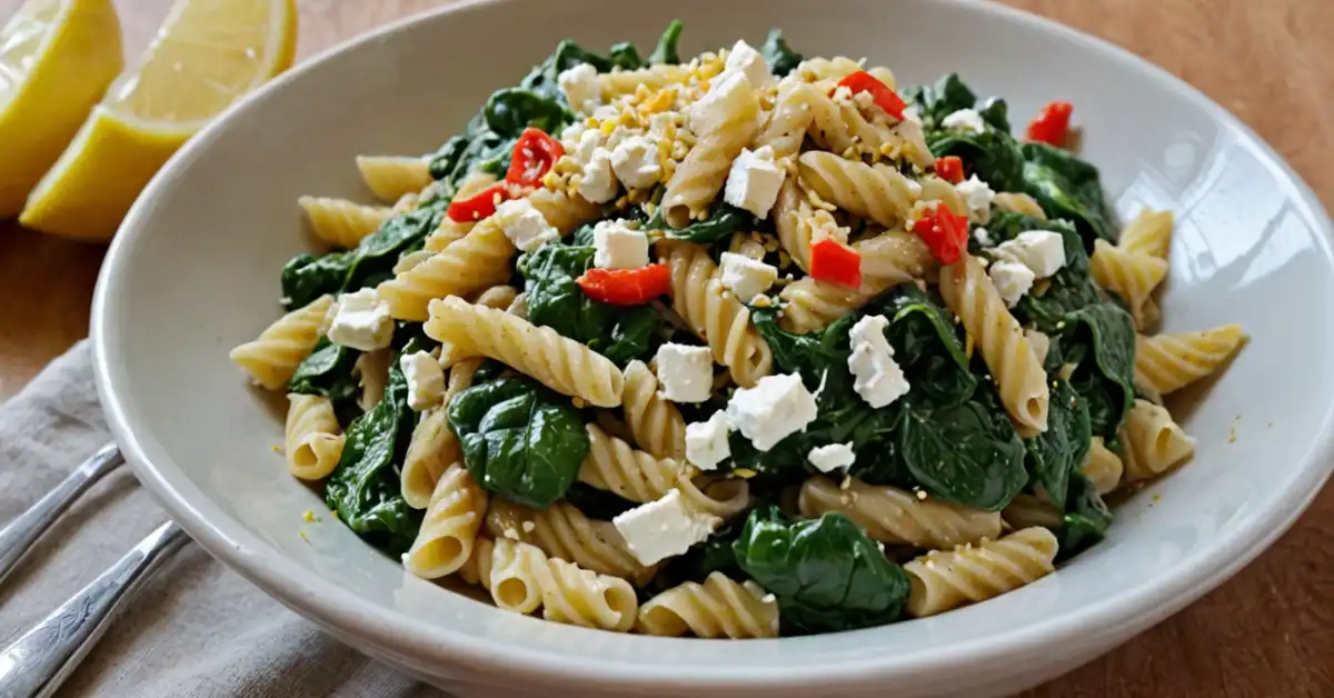 Spinach and feta pasta served in a rustic Mediterranean bowl