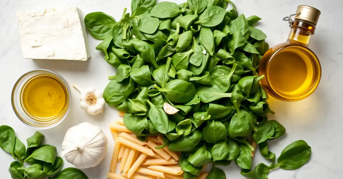 spinach-feta-pasta-ingredients Ingredients for Mediterranean spinach and feta pasta on counter