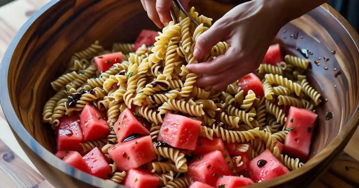mixing-watermelon-feta-pasta-salad Mixing watermelon-feta pasta salad with dressing