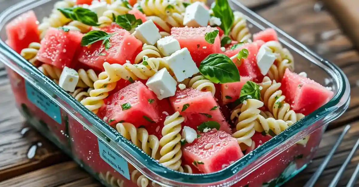 storing-watermelon-feta-pasta-salad. Stored watermelon-feta pasta salad in glass container