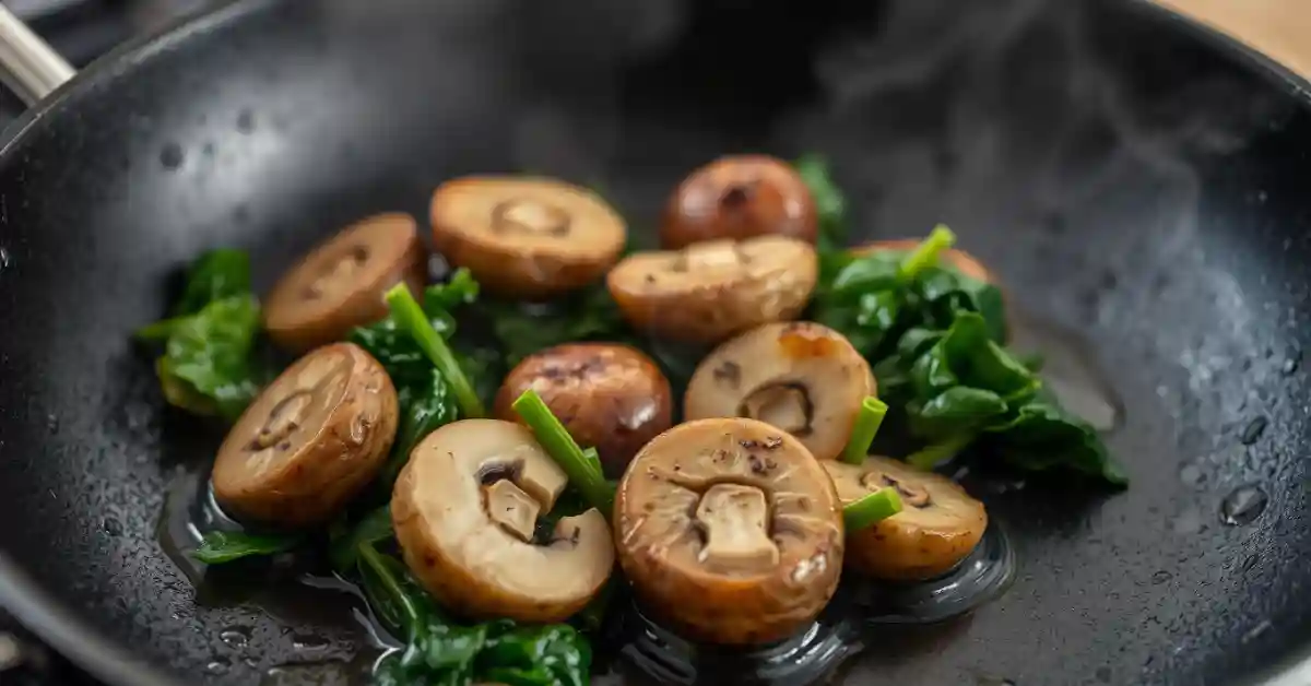 spinach-and-mushrooms-omelette sautéing mushrooms and spinach in pan