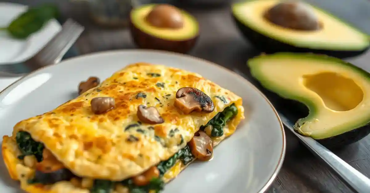 spinach-and-mushroom-omelette plated spinach mushroom omelette with avocado