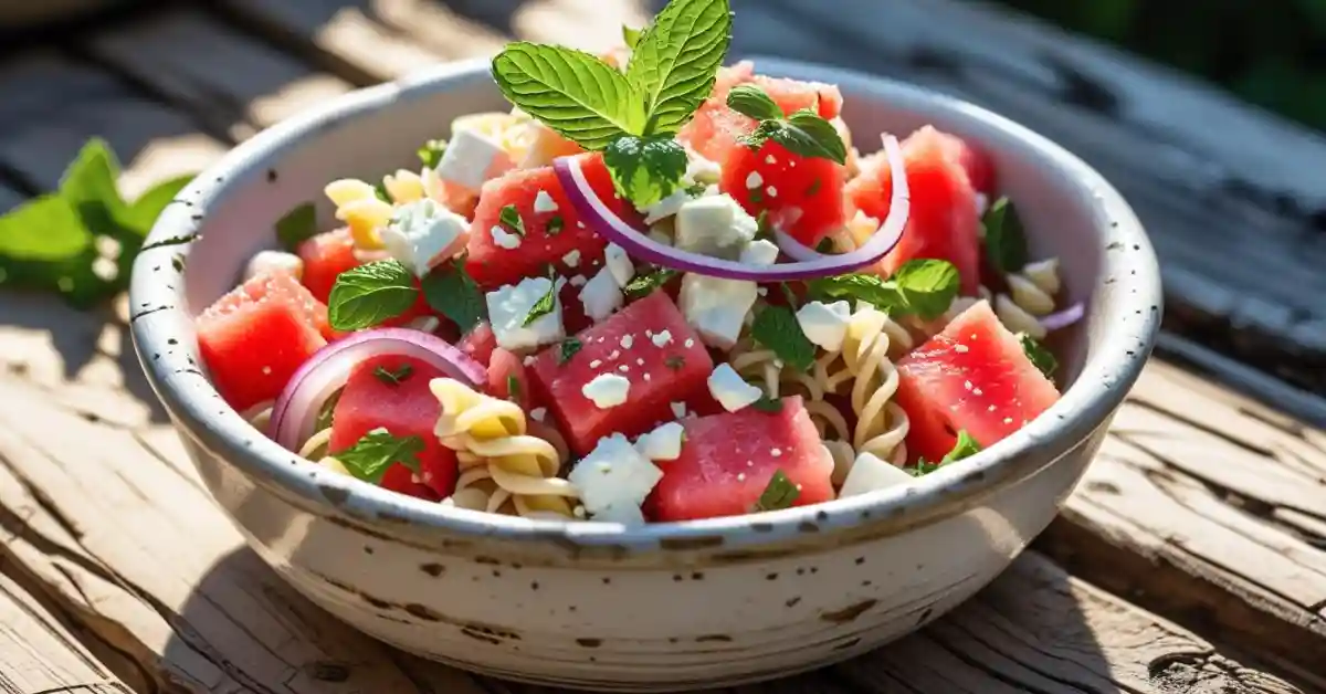 Fresh watermelon-feta pasta salad close-up
