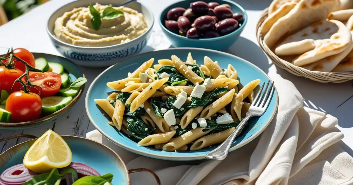 spinach-feta-pasta-with-sides Spinach and feta pasta served with Mediterranean side dishes