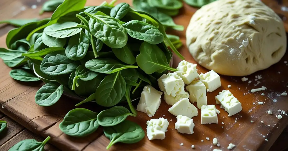 spinach-and-feta-pizza-ingredients ngredients for spinach and feta pizza including fresh spinach and feta