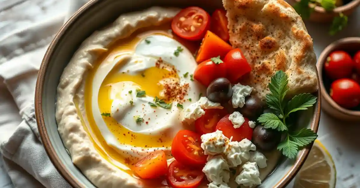 Mediterranean-dinner-recipes Mediterranean breakfast bowl with hummus, fresh vegetables, feta cheese, olives, soft-boiled egg, and warm pita bread, drizzled with olive oil and herbs.