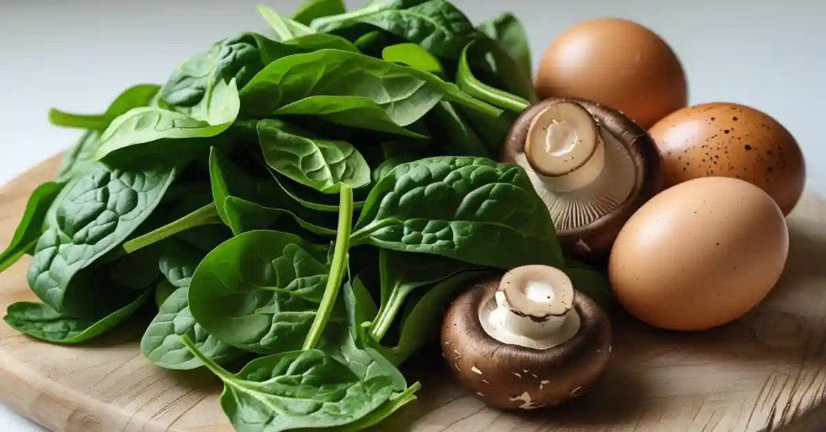 spinach-mushrooms-eggs-ingredients fresh spinach, mushrooms, and eggs for omelette