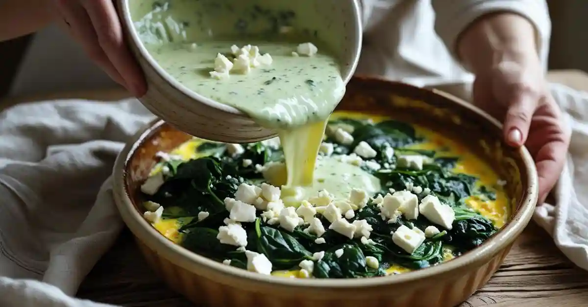 pouring-crustless-quiche-mixture pouring egg mixture into dish for crustless spinach quiche