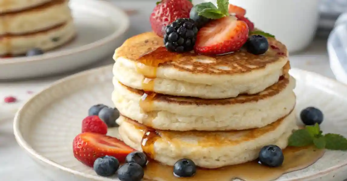 banana-oat-greek-yogurt-pancakes-fruit Banana oat pancakes with Greek yogurt topped with fruit and maple syrup