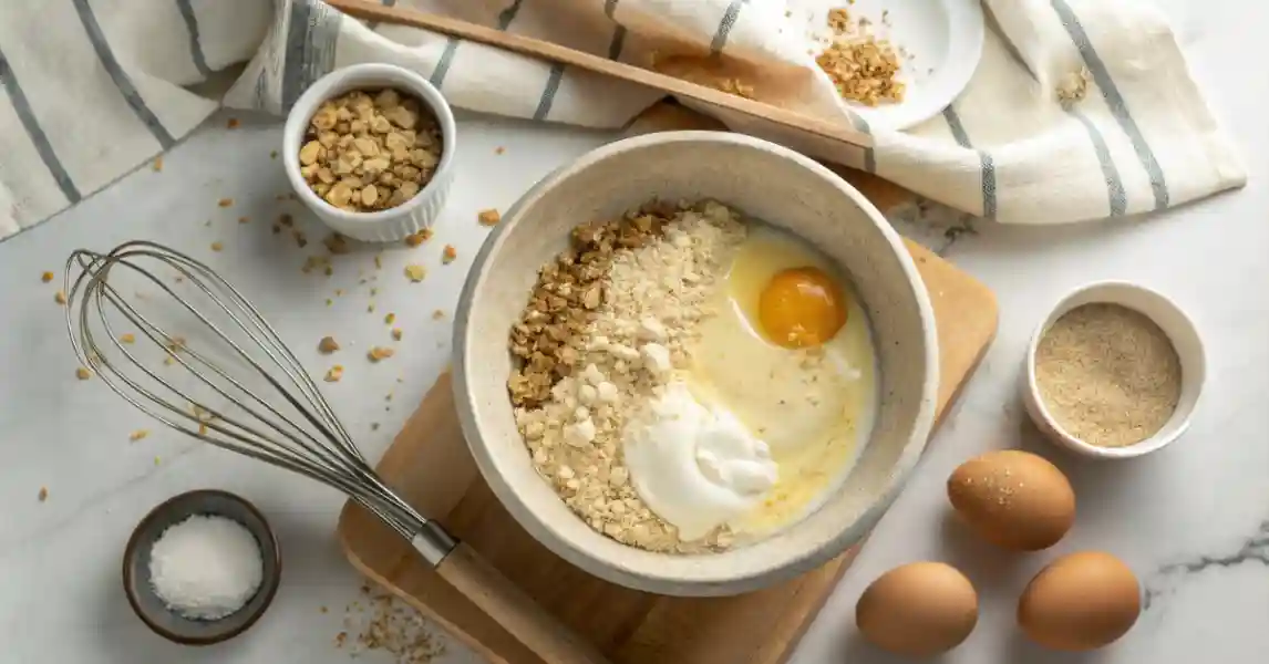 ingredients-for-pancake-batter-greek-yogurt-oats-blended Blended pancake batter with oats, Greek yogurt, and egg in mixing bowl