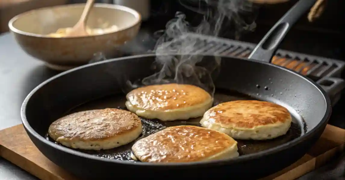 greek-yogurt-oat-pancakes-in-pan oat and Greek yogurt pancakes cooking on stovetop