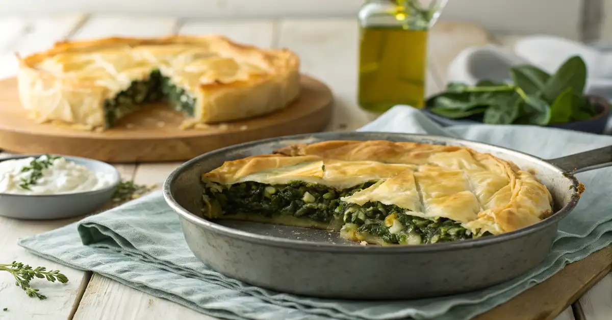 Greek spinach and feta pie (spanakopita) made with crispy phyllo pastry and a savory spinach-feta fillin