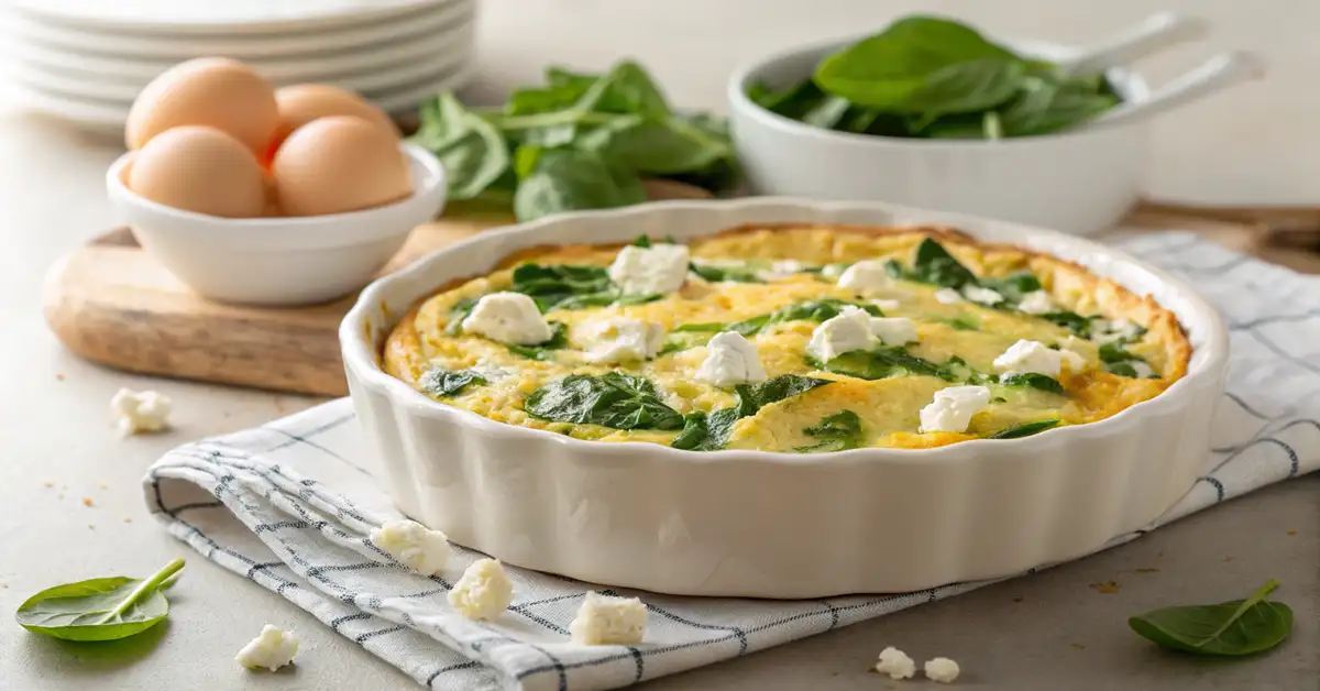 Spinach and feta egg casserole baked until golden, made with fresh spinach, creamy feta cheese, and fluffy eggs.