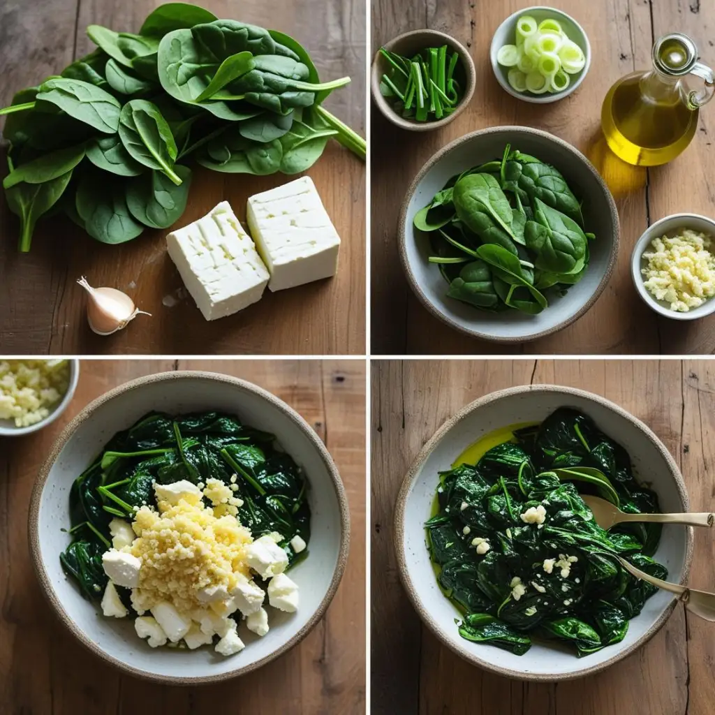 Fresh spinach, feta cheese, garlic, green onions, and olive oil prepared for a spinach and feta egg casserole, shown in step-by-step bowls.