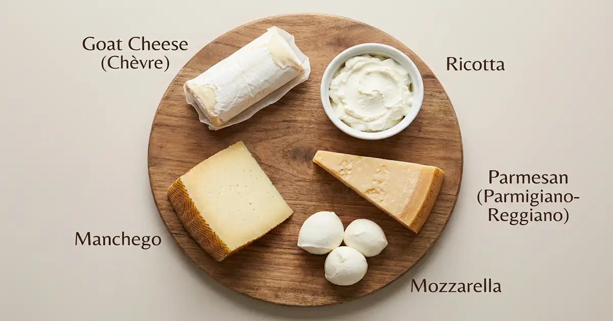 Labeled types of cheese including goat cheese, ricotta, parmesan, mozzarella, and manchego displayed on a wooden board.