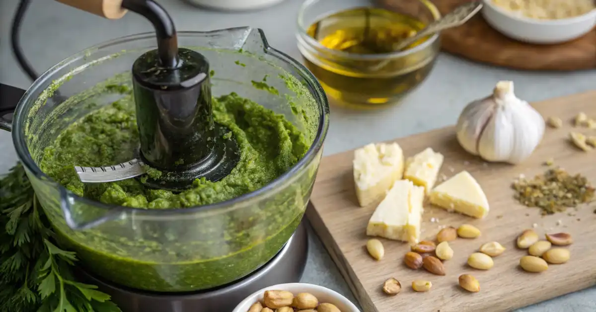 making-feta-pesto-blender. food processor blending feta pesto with olive oil