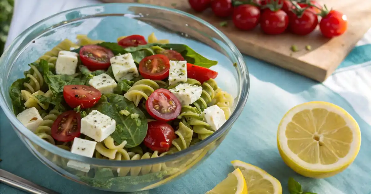 pasta-pesto-feta-salad cold pasta pesto feta salad with cherry tomatoes and spinach