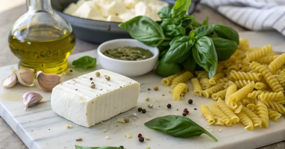 pasta-pesto-feta-ingredients ingredients for making pasta pesto feta