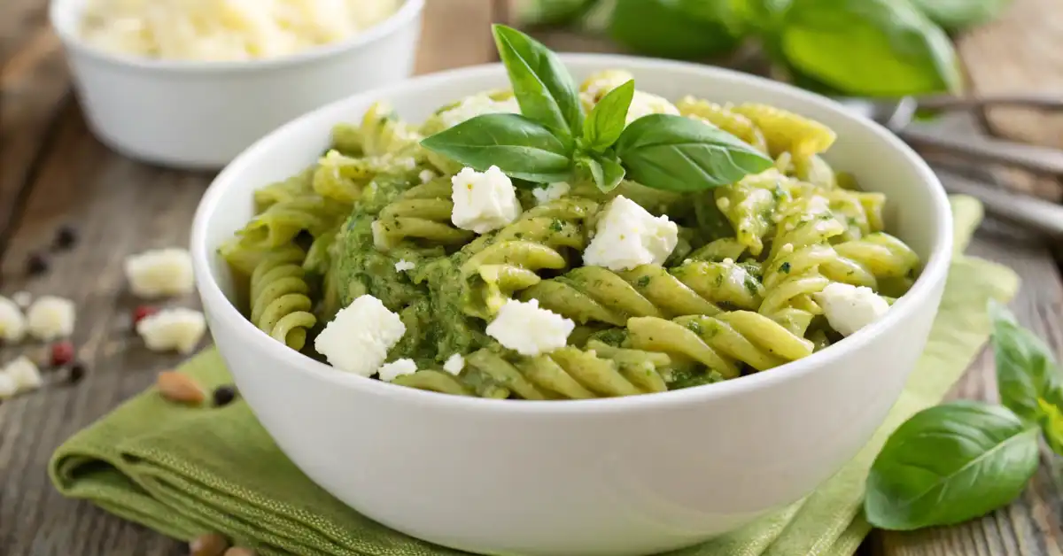 pasta-pesto-feta pasta pesto feta in white bowl with basil and cheese