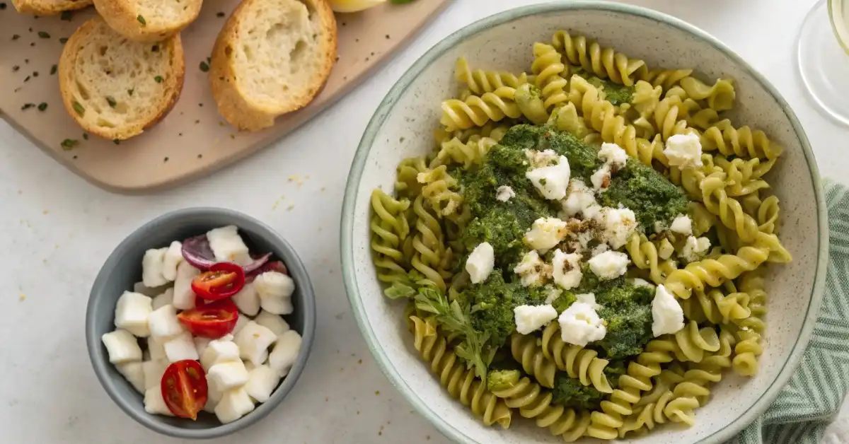 pasta-pesto-feta-dinner- Mediterranean dinner featuring pasta pesto feta