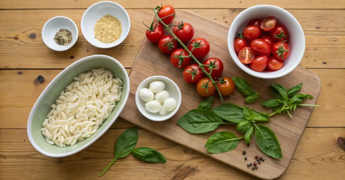caprese-salad-orzo-ingredients Ingredients for caprese pasta salad orzo