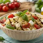 Caprese pasta salad orzo with fresh basil and balsamic glaze