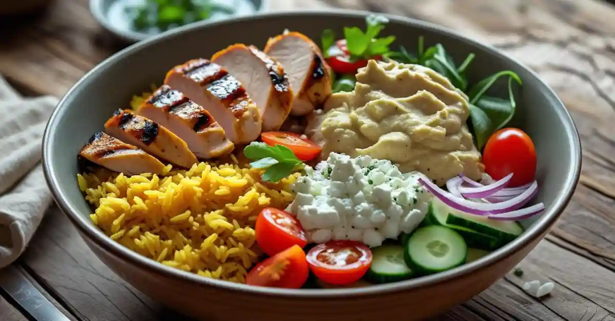 Close-up of BJ’s Mediterranean Chicken Bowl with grilled chicken and veggies