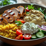 Close-up of BJ’s Mediterranean Chicken Bowl with grilled chicken and veggies