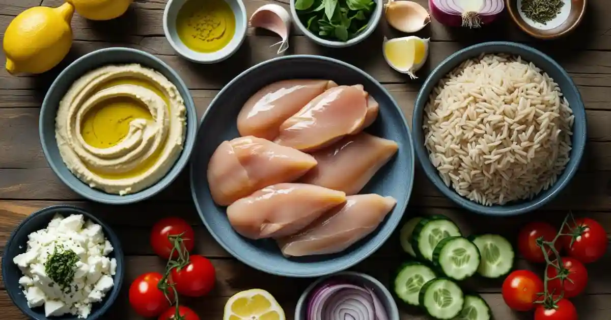 bjs-mediterranean-bowl-ingredients Ingredients of BJ’s Mediterranean Chicken Bowl arranged separately