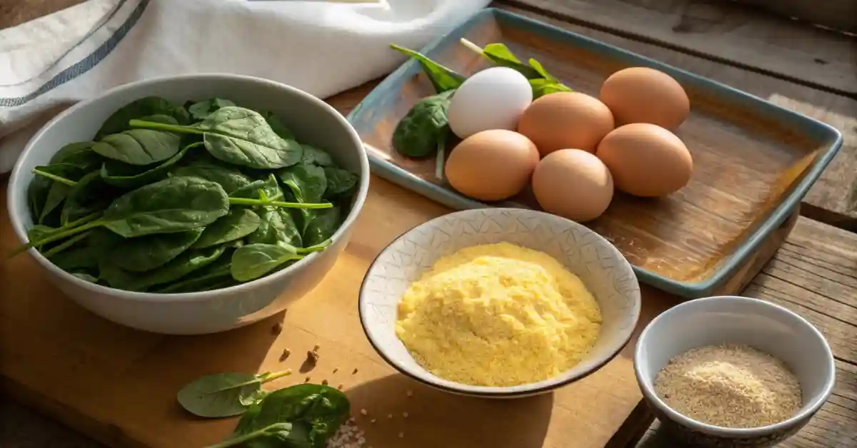 polenta-ingredients-spinach-egg Ingredients for polenta with eggs and greens