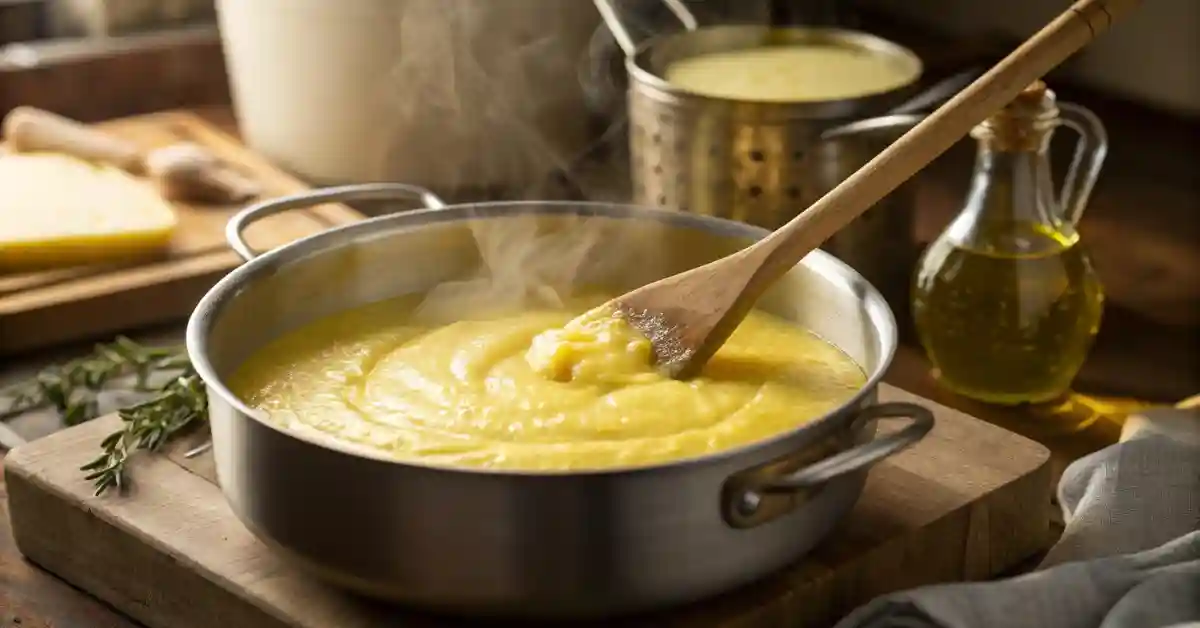 cooking-polenta-wooden-spoon-saucepan. Creamy yellow polenta being stirred in a saucepan with a wooden spoon on stovetop