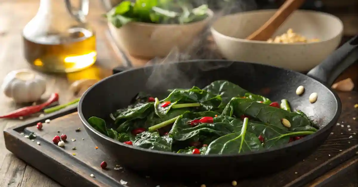 sauteed-greens-spinach-kale-garlic-pan Fresh spinach and kale being sautéed in a skillet with garlic and olive oil for polenta with eggs and greens