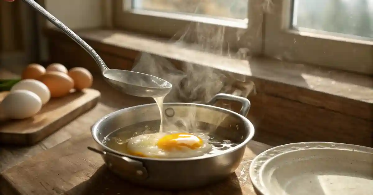 poaching-egg-slotted-spoon-simmering-water Poached egg being lifted from simmering water with a slotted spoon during Mediterranean recipe prep