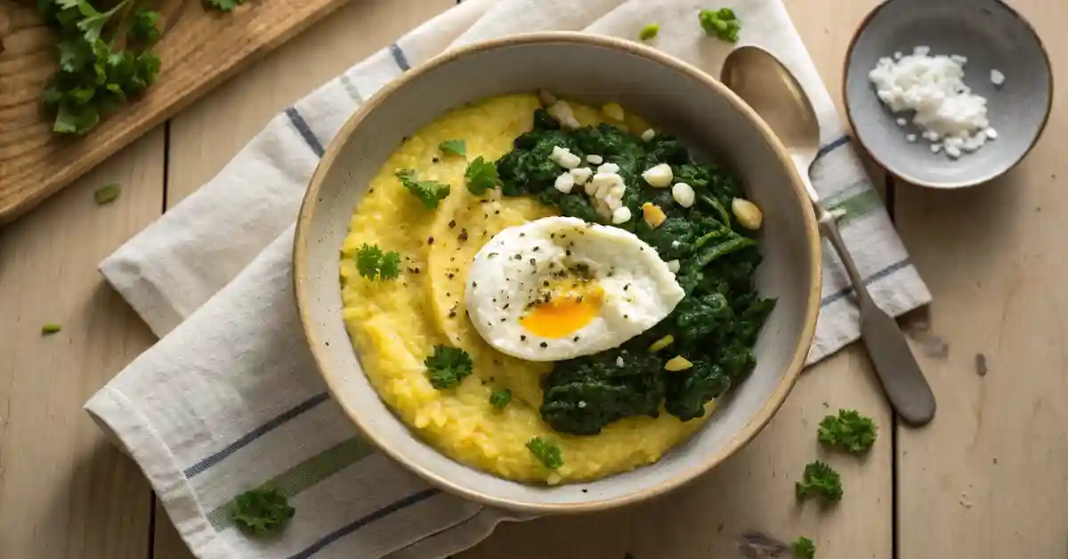 final-dish-polenta-eggs-greens Finished bowl of polenta with eggs and greens