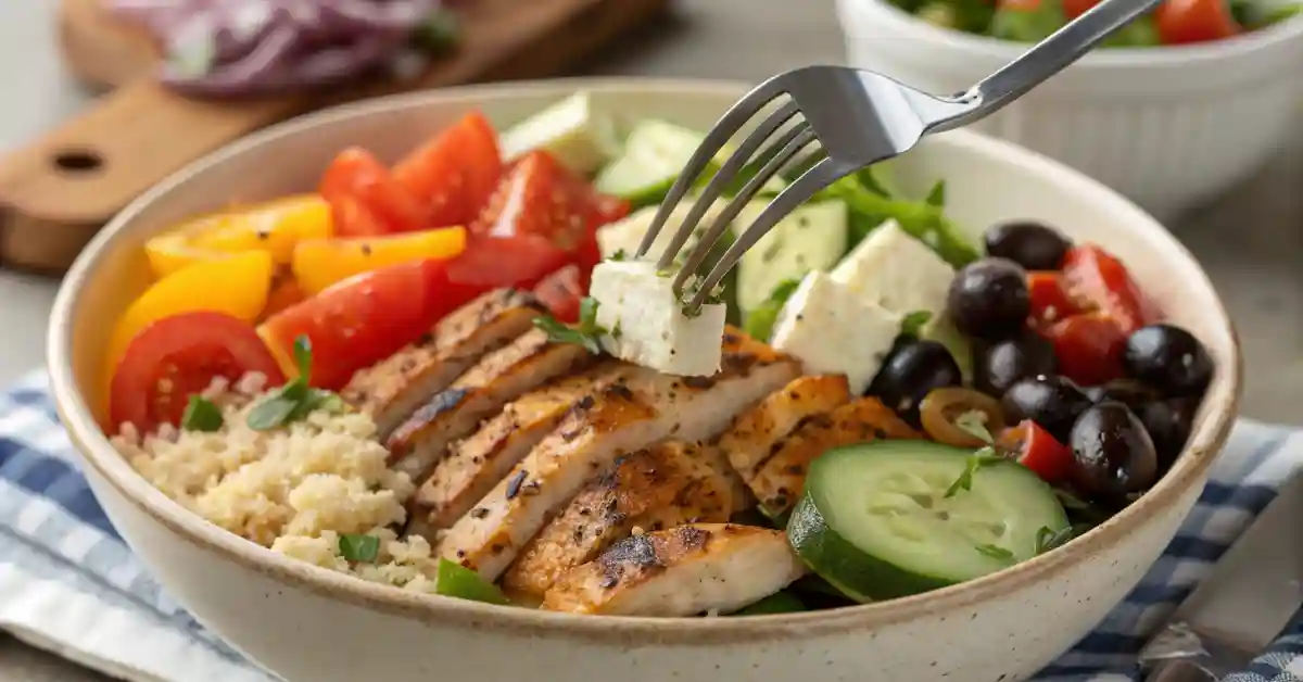 eating-enlightened-chicken-bowl Eating an enlightened Mediterranean chicken bowl