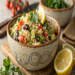 Healthy couscous and quinoa salad in a ceramic bowl