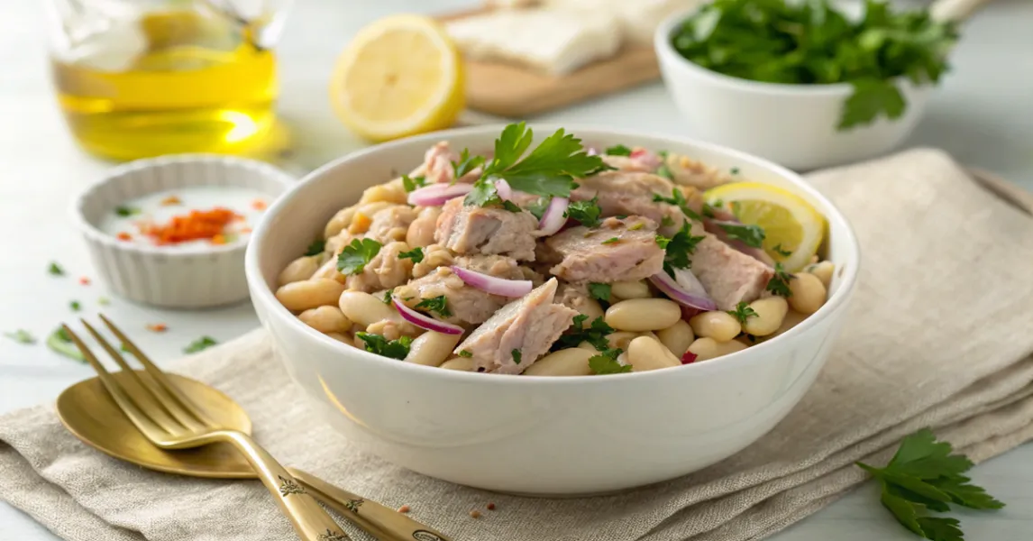 mediterranean-tuna-and-white-bean-salad-bowl Tuna and white bean salad served in a white bowl with herbs and onion