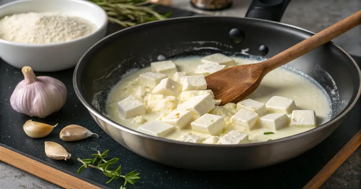 melting-feta-for-cheese-sauce Melting feta cheese into milk for sauce
