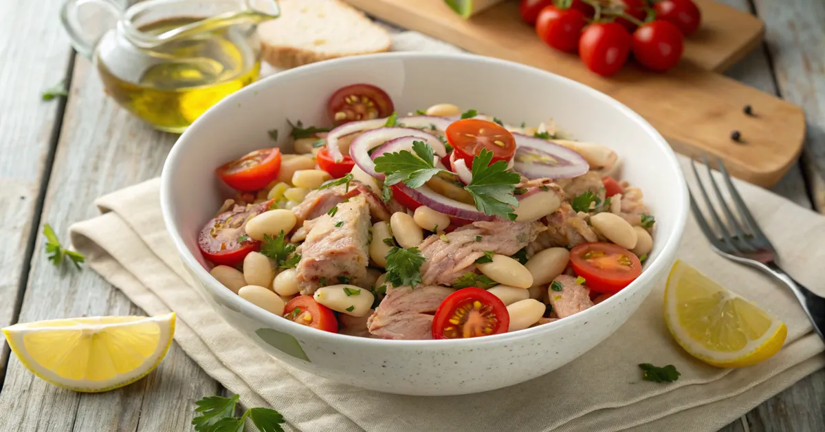 Tuna and white bean salad in a bowl with cherry tomatoes and lemon wedges