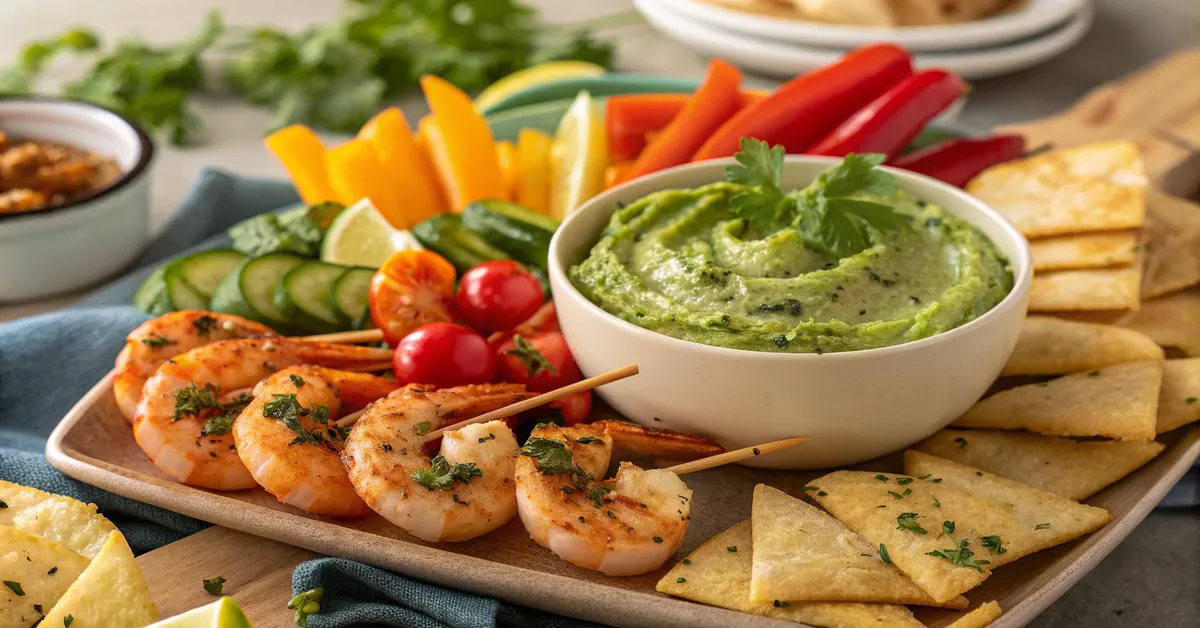 chimichurri-hummus-snack-platter Chimichurri hummus snack platter with veggies and shrimp