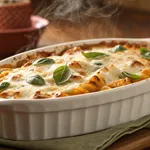 Golden baked rigatoni with melted cheese and fresh basil