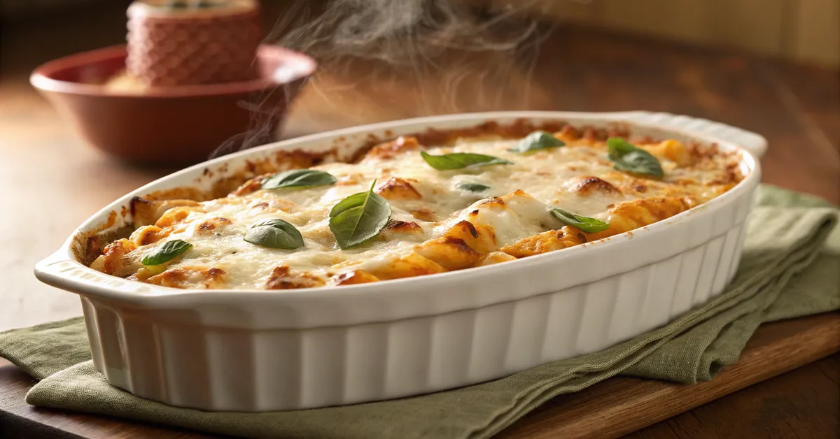 Golden baked rigatoni with melted cheese and fresh basil