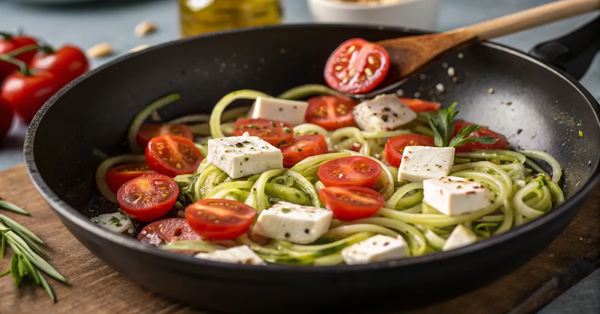 cooking-zucchini-noodles-cherry-tomatoes-feta Cooking zucchini noodles with cherry tomatoes and feta in a skillet