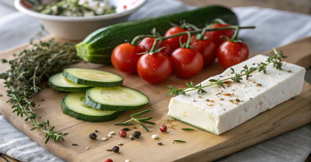 fresh-zucchini-cherry-tomatoes-feta Fresh ingredients for zucchini noodles with cherry tomatoes and feta