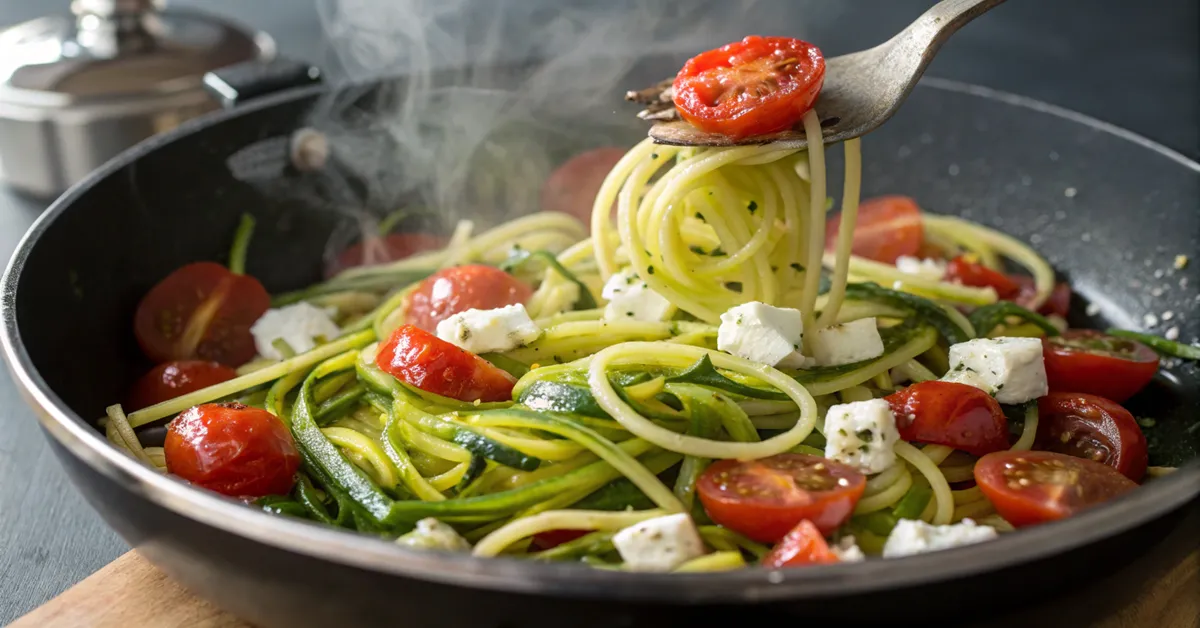 how-to-cook-zucchini-noodles-cherry-tomatoes-feta How to cook zucchini noodles with cherry tomatoes and feta perfectly