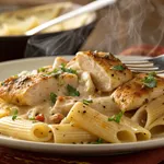 Delicious chicken rigatoni with creamy sauce and herbs