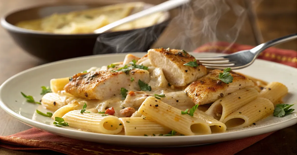 Delicious chicken rigatoni with creamy sauce and herbs