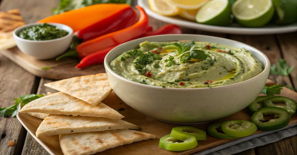 chimichurri-hummus-dip Chimichurri hummus dip with fresh herbs and pita bread