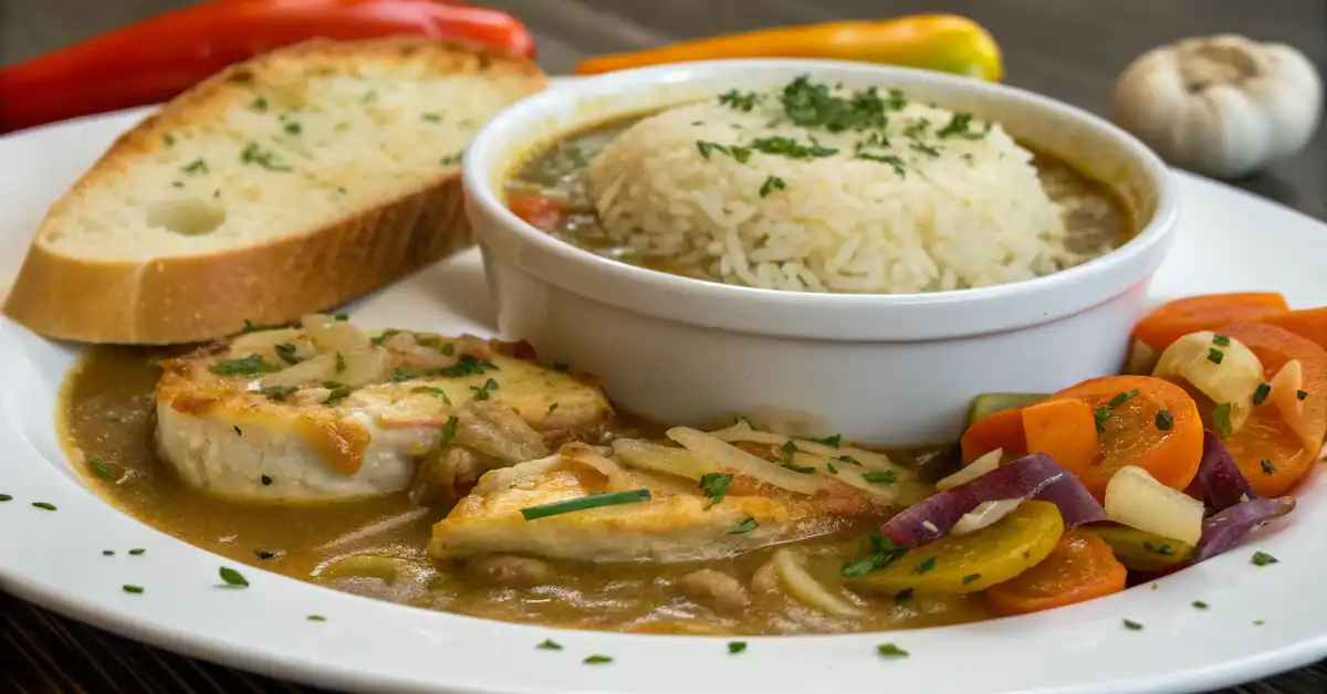french-onion-soup-chicken-rice-serving Serving French onion soup chicken and rice with roasted veggies