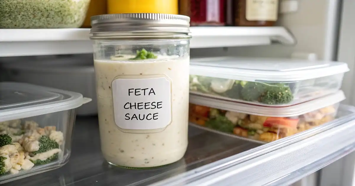 storing-feta-cheese-sauce Stored cheese sauce with feta in fridge